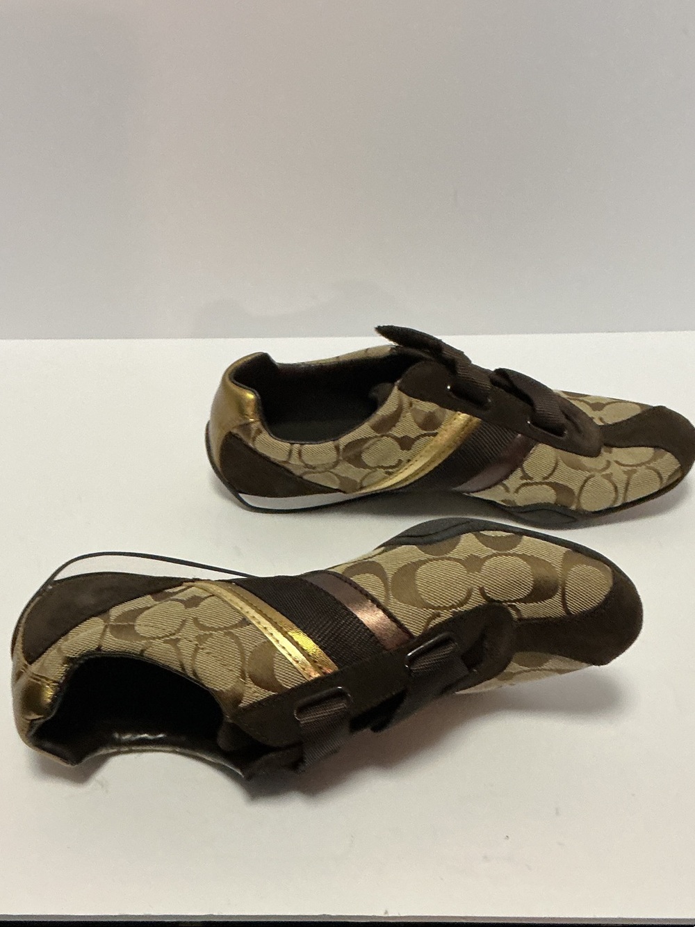 Coach Brown and Tan Monogram Velcro Sneakers - Picture 2 of 9